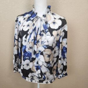 WHBM Blue Tan and White Floral High Neck Blouse Medium (7386)